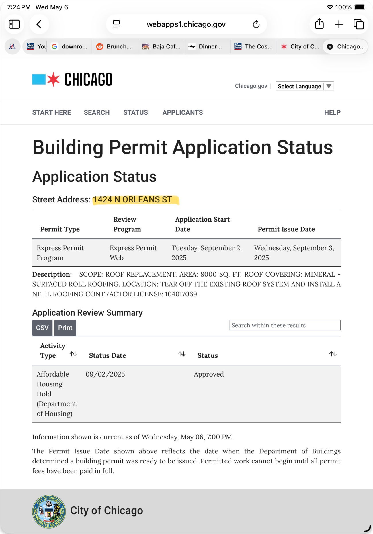 City of Chicago permit application status
